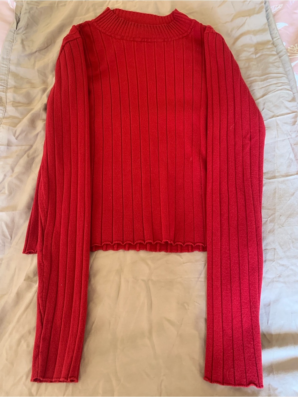 Red Ribbed mock neck Long-Sleeve Sweater. Long arm length. Perfect for winter